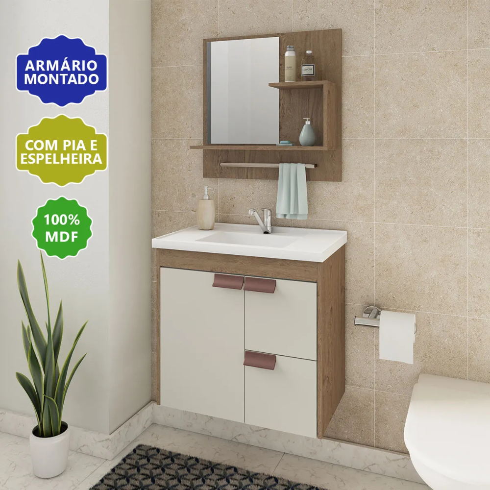 Gabinete Tulipa 59cm para Banheiro com Espelheira Amêndoa/Branco - MGM - Imagem 2