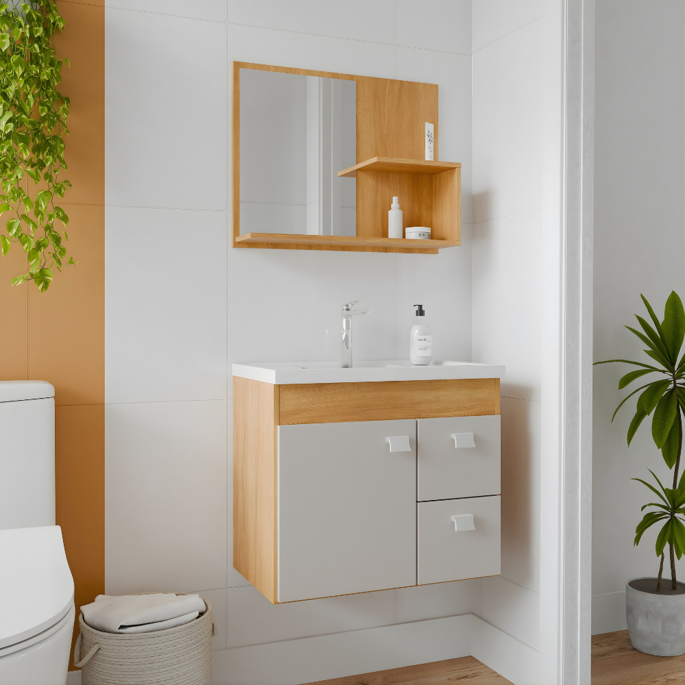 Gabinete Tulipa 59cm para Banheiro com Espelheira Amêndoa/Branco - MGM - Imagem 2